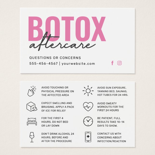 Cartão de Instrução Pós-Cuidados com Encher Botox (Frente & Verso)