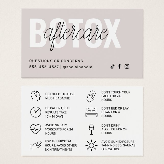 Cartão de Instrução Pós-Cuidados com Encher Botox (Frente & Verso)