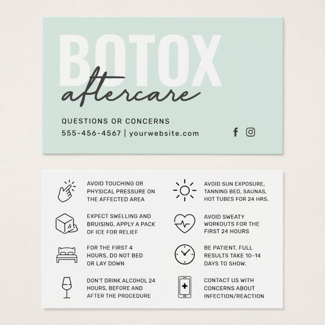 Cartão de Instrução Pós-Cuidados com Encher Botox (Frente & Verso)
