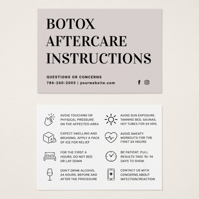 Cartão de Instrução Pós-Cuidados com Encher Botox (Frente & Verso)