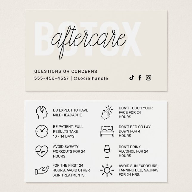 Cartão de Instrução Pós-Cuidados com Encher Botox (Frente & Verso)