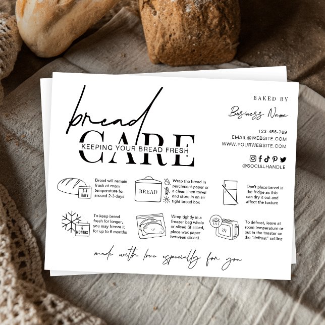 Cartão de instruções de tratamento de padeiro mini (Fresh bread loaf care instructions card with icons, space for your business info and thank you note)