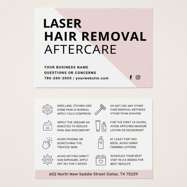 Cartão de instruções para remoção de cabelo laser  (Frente & Verso)