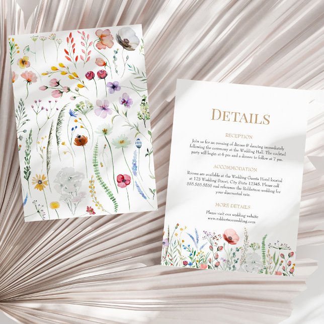 Cartão de Invólucro Boho Wildflower Details (Boho Wildflowers Wedding Details Enclosure Card on a sunny neutral dry palm leaf.)