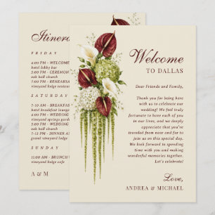 Cartão de Itinerário de Casamento Floral Burgundy