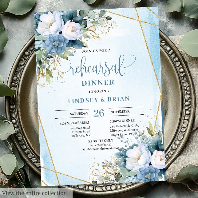 Cartão de Janto para o ensaio de peônias brancas b (Boho Dusty Blue White Peony Rehearsal Dinner Card)