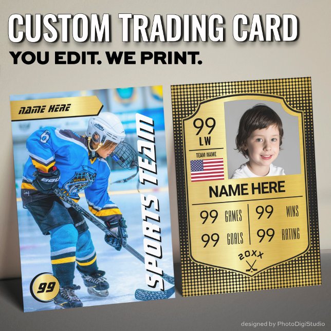 Cartão de Jogador de Hóquei em Hóquei Dourado Shie (Custom Hockey Trading Card, Gold Shield Player Card)