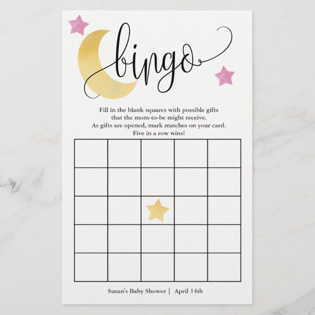 Cartão de Jogo Bingo Sobre a Lua, Lua e Estrelas R (Frente)