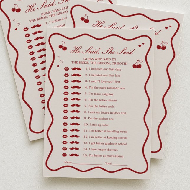 Cartão de Jogo Cherry Bridal Shower He Said She Sa (Criador carregado)