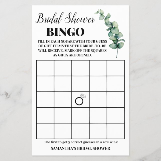 Cartão de Jogo de Bingo para Chá de Noiva com Folh (Frente)
