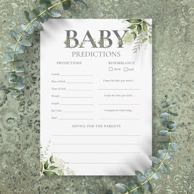 Cartão de jogo de chá de bebê com previsões para o (Baby Predictions Greenery Baby Shower Game Card)
