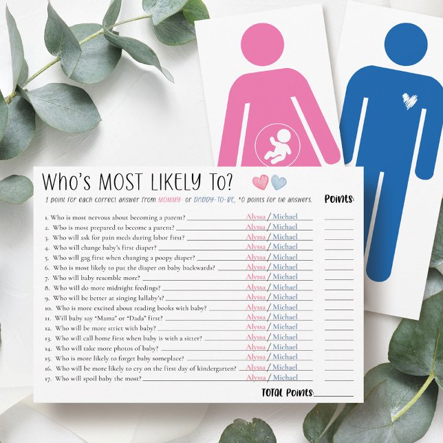 Cartão de Jogo de Chá de Bebê Quem é Mais Provável (Funny cute Who's Most Likely To mommy-to-be and daddy personalized name fun couple shower game card)