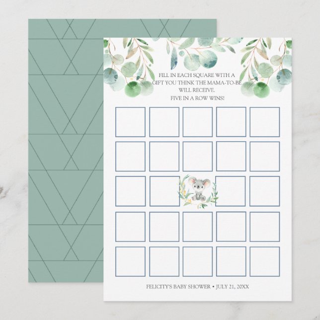 Cartão de Jogo de Chá de fraldas Bingo Bush Baby K (Frente/Verso)