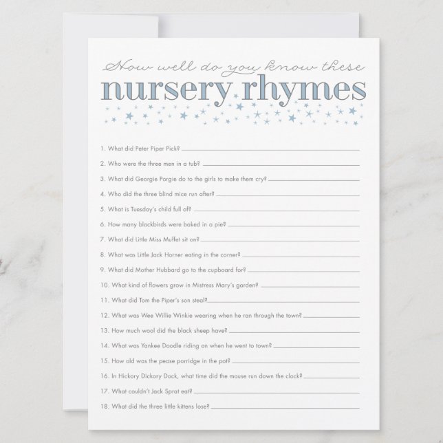 Cartão de Jogo de Chá de fraldas Rhyme Rhyme Game (Frente)