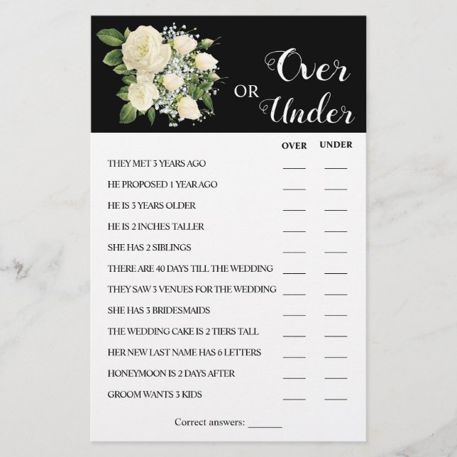 Cartão de jogo de Chá sobre ou abaixo Casais (Frente)