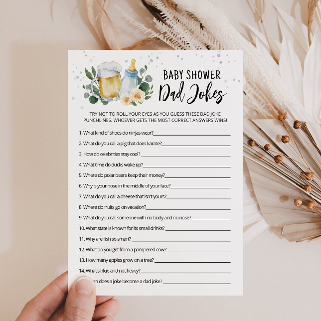 Cartão de Jogo de Chacotas de Papai para Chá de Be (Download Baby Shower Game Beer and Floral Baby Shower Dad Jokes Game Card)