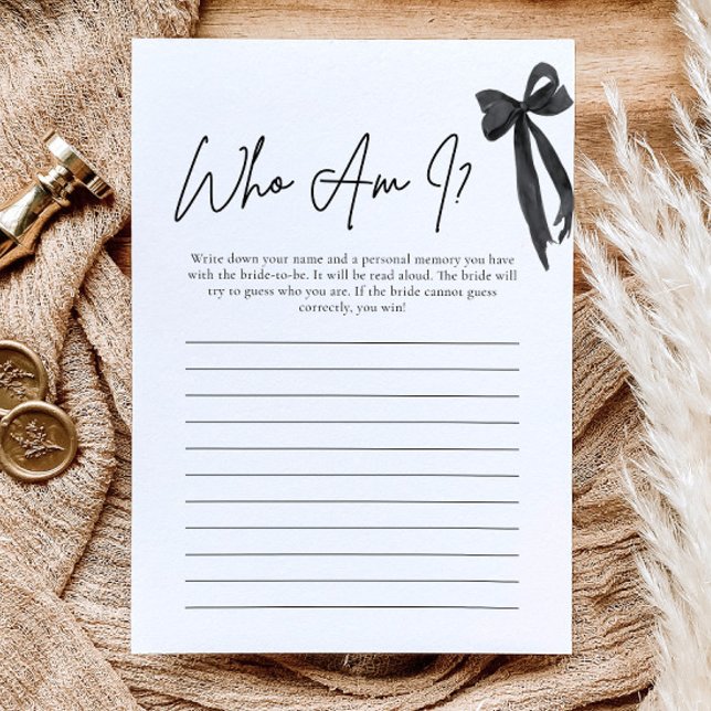 Cartão de Jogo de Chuva de Presentes Nupcial Quem  (Modern Black Bow Who Am I Bridal Shower Game)