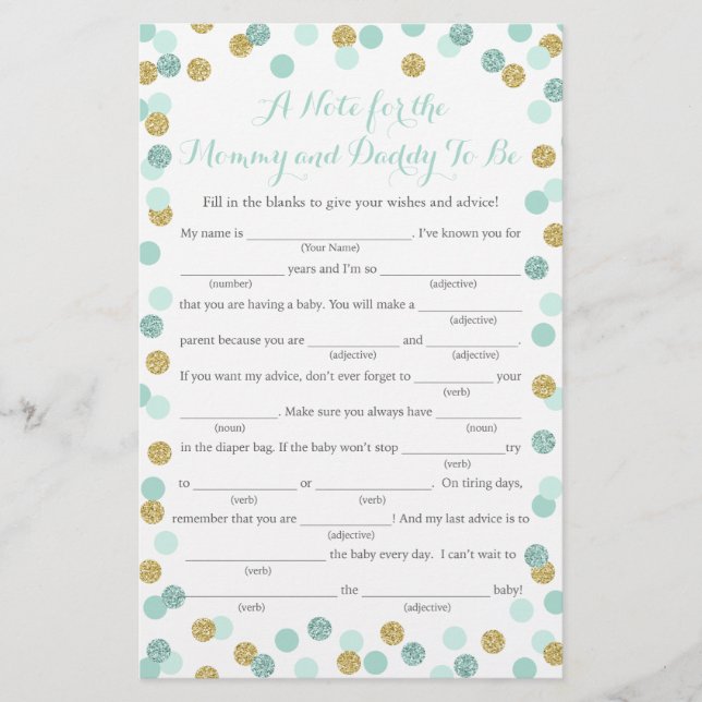 Cartão de Jogo de Conselhos de Chá de fraldas com  (Frente)