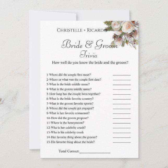 Cartão de jogo de trivia de casamento para chá de  (Frente)