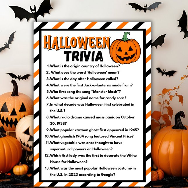 Cartão De Jogo De Trivia De Halloween Preto E Lara (Black And Orange Halloween Trivia Game Card)