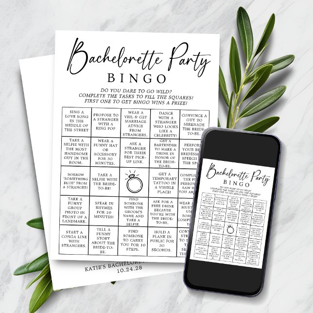 Cartão de Jogo do Bingo Bachelorette (Bachelorette Bingo Party Game Card. Do you dare?)