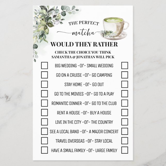 Cartão de Jogo Greenery Matcha 'Would They Rather' (Frente)