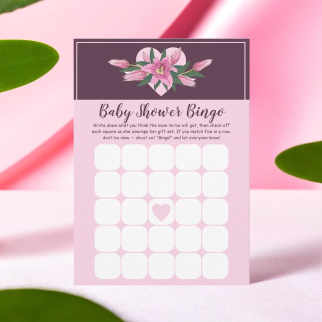Cartão de Jogo Lily Chá de fraldas Bingo, Rosa Blo (Pink Blooming Lily Baby Shower Bingo Game Card)