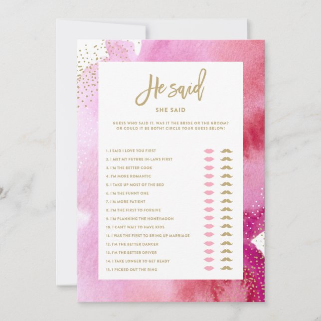 Cartão de Jogo Noiva de Aquarela Rosa Ele Disse El (Frente)