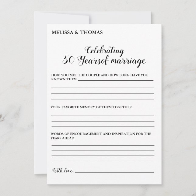 Cartão de jogo para festa de casamento do 50º aniv (Frente)