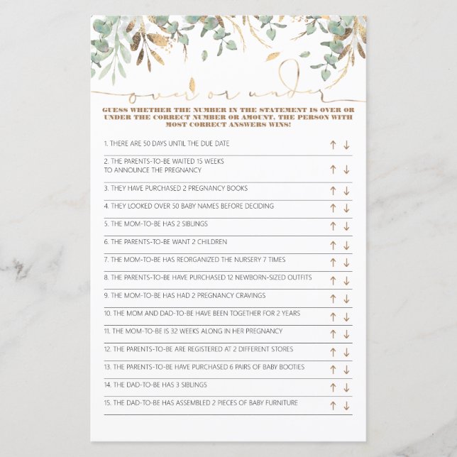 Cartão de jogo sobre ou abaixo do Chá de fraldas (Frente)