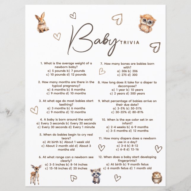 Cartão de Jogo Tema Animal Woodland Bebê Trivia (Frente)