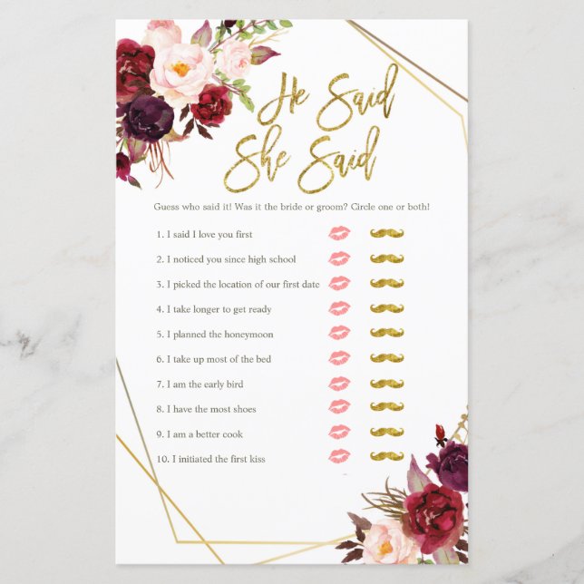 Cartão de jogos Burgundy Floral ele disse ela diss (Frente)