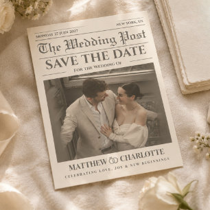 Cartão de Jornal Save the Date Casamento Cor Marfi