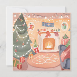 Cartão de lareira de Natal com aquarela