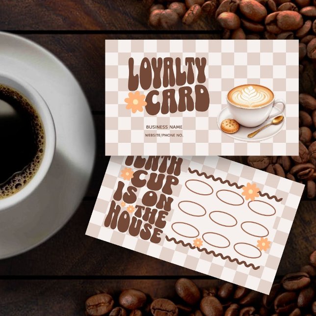 Cartão de Lealdade Comprado para Café Marrom Retro (Retro Groovy Font Coffee Shop Loyalty Card by Busy Business Bee)