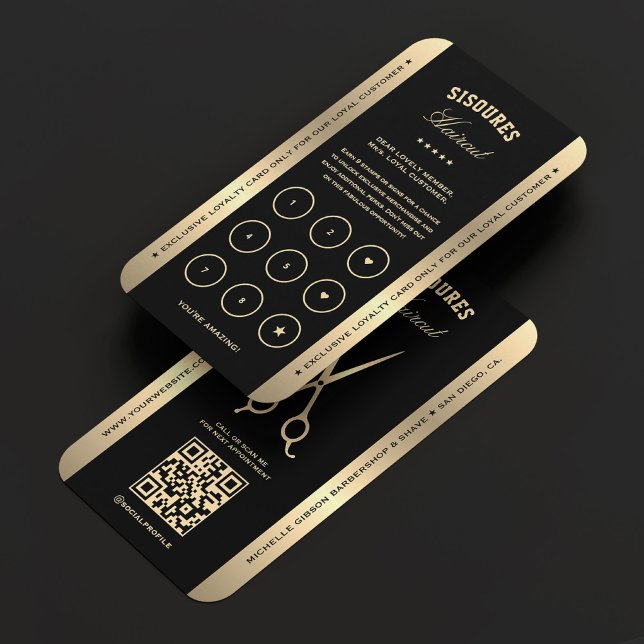 Cartão de Lealdade Dourada de Tesoura Fraux Barber (Barber Barbershop Black Gold Scissors Loyalty Card
)