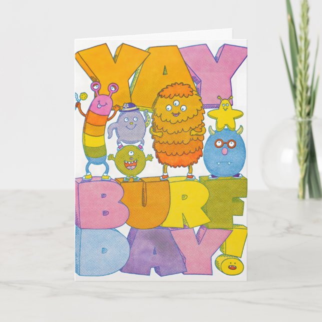 Cartão de Letterpress dos Monstros de Yay Burfday (Frente)