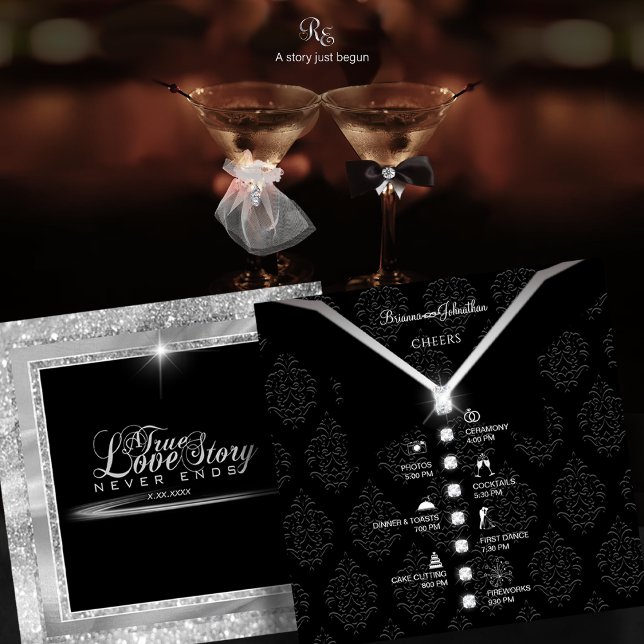 Cartão de Linha Cronológica de Gravação Preta (Black Tie Diamond Timeline Card front and back view showcasing full wedding itinerary design.)