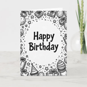 Cartão de Linha de Arte Monocromático de Aniversár
