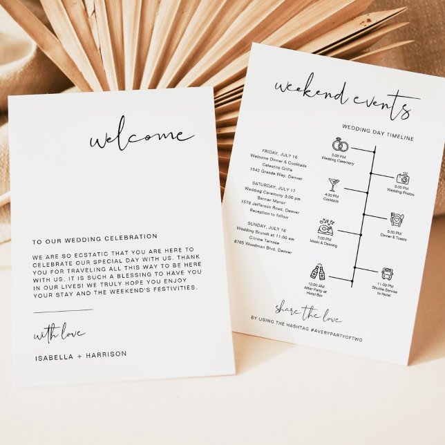 Cartão de Linha do Tempo de Carta de Boas-Vindas M (Modern minimalist wedding welcome letter with schedule and icon timeline backside.)