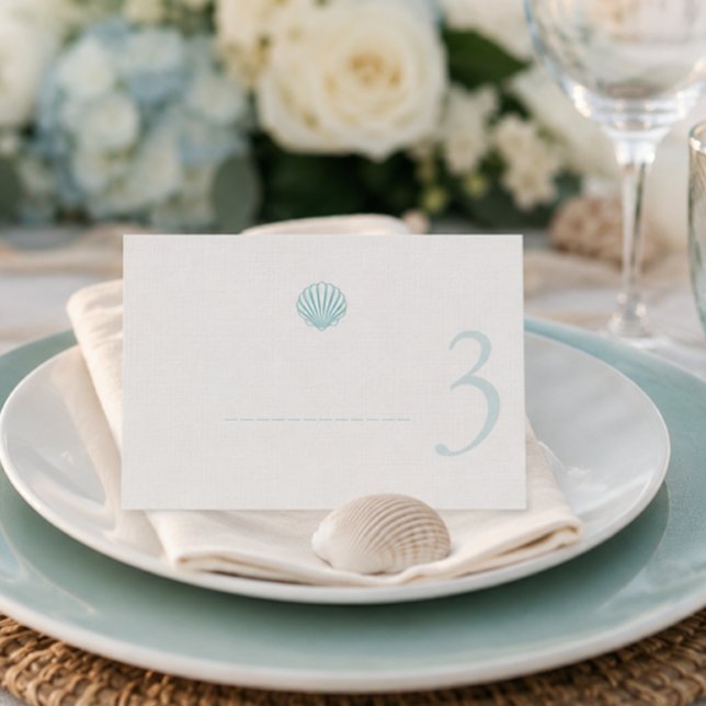 Cartão de Local de Casamento de Conchas Marinhas C (Modern Coastal Seashell Wedding Place Card with number)