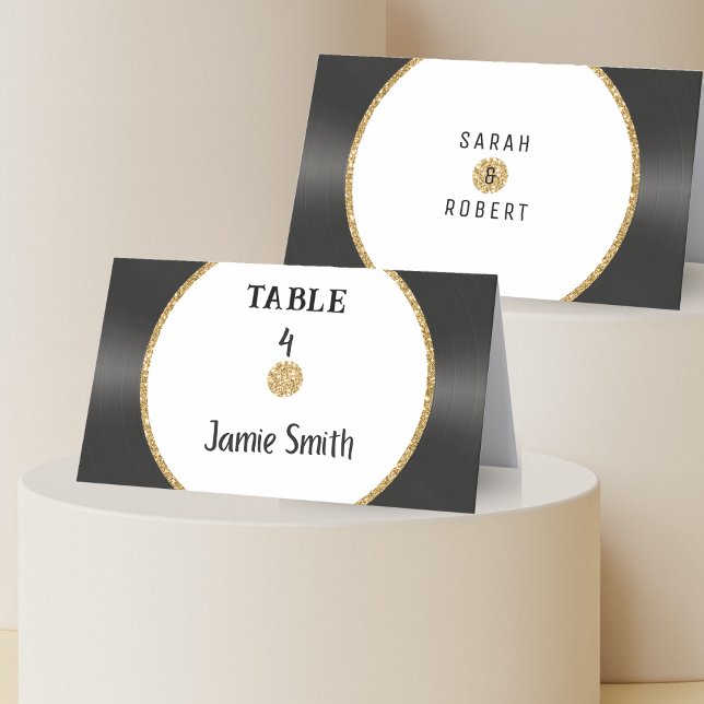 Cartão De Local De Casamento De Vinil De Registro  (Retro Gold Glitter Vinyl Record Wedding Place Card
)