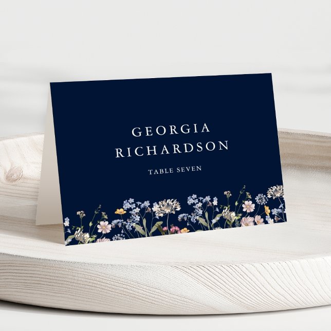 Cartão de Local de Casamento do Jardim dos Prados  (Navy Wildflower Meadow Garden Wedding Place Card)