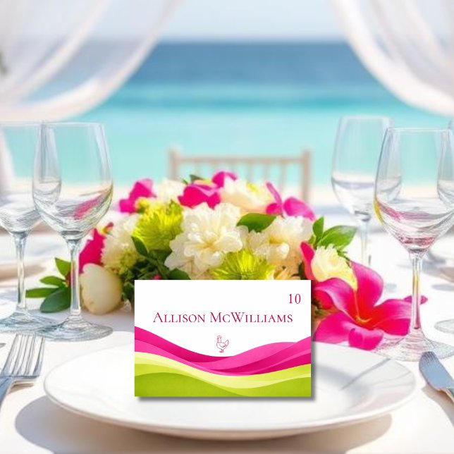 Cartão de Local de Casamento Fuchsia e Verde Limão (Fuchsia and Lime Green Wedding Table Number Meal Icon Chicken)