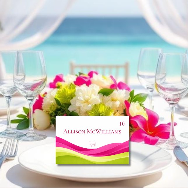 Cartão de Local de Casamento Fuchsia e Verde Limão (Fuchsia and Lime Green Wedding Table Number Meal Icon Meat)