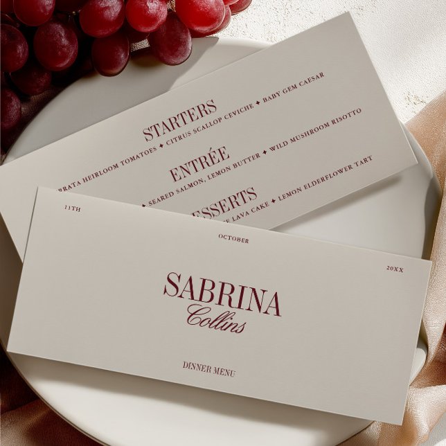 Cartão de Local e Menu de Casamento Burgundy e Mar (Elegant Burgundy & Ivory Wedding Place Card & Menu)