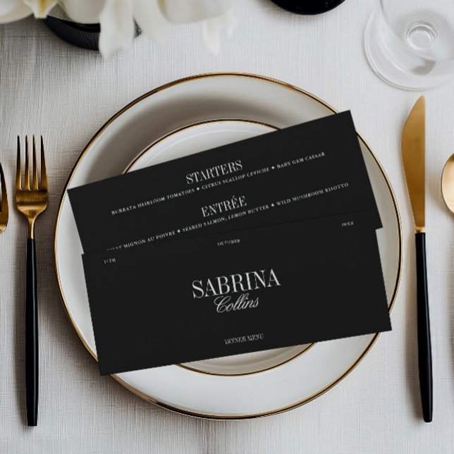 Cartão de Local e Menu de Casamento Preto e Branco (Elegant Black & White Wedding Place Card & Menu)