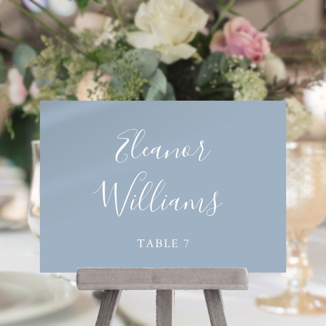 Cartão de Localidade de Script de Assinatura Azul  (Dusty Blue Signature Script Wedding Place Card)