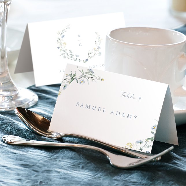 Cartão de Localidade dobrável de flor selvagem azu (Blue Wildflower Rustic Boho Foldable Place Card)