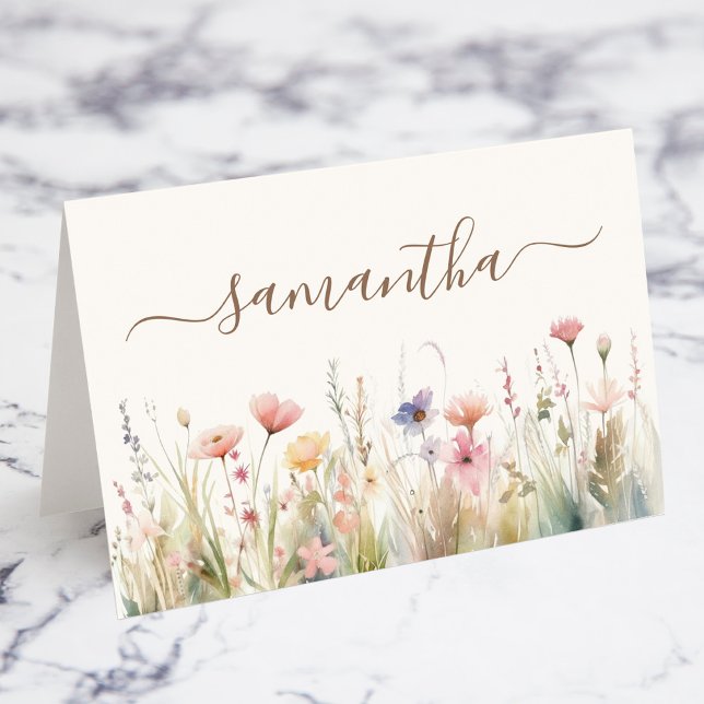 Cartão de Localidade Individual de Flor Selvagem A (Watercolor Meadow Wildflower Individual Place Cards)